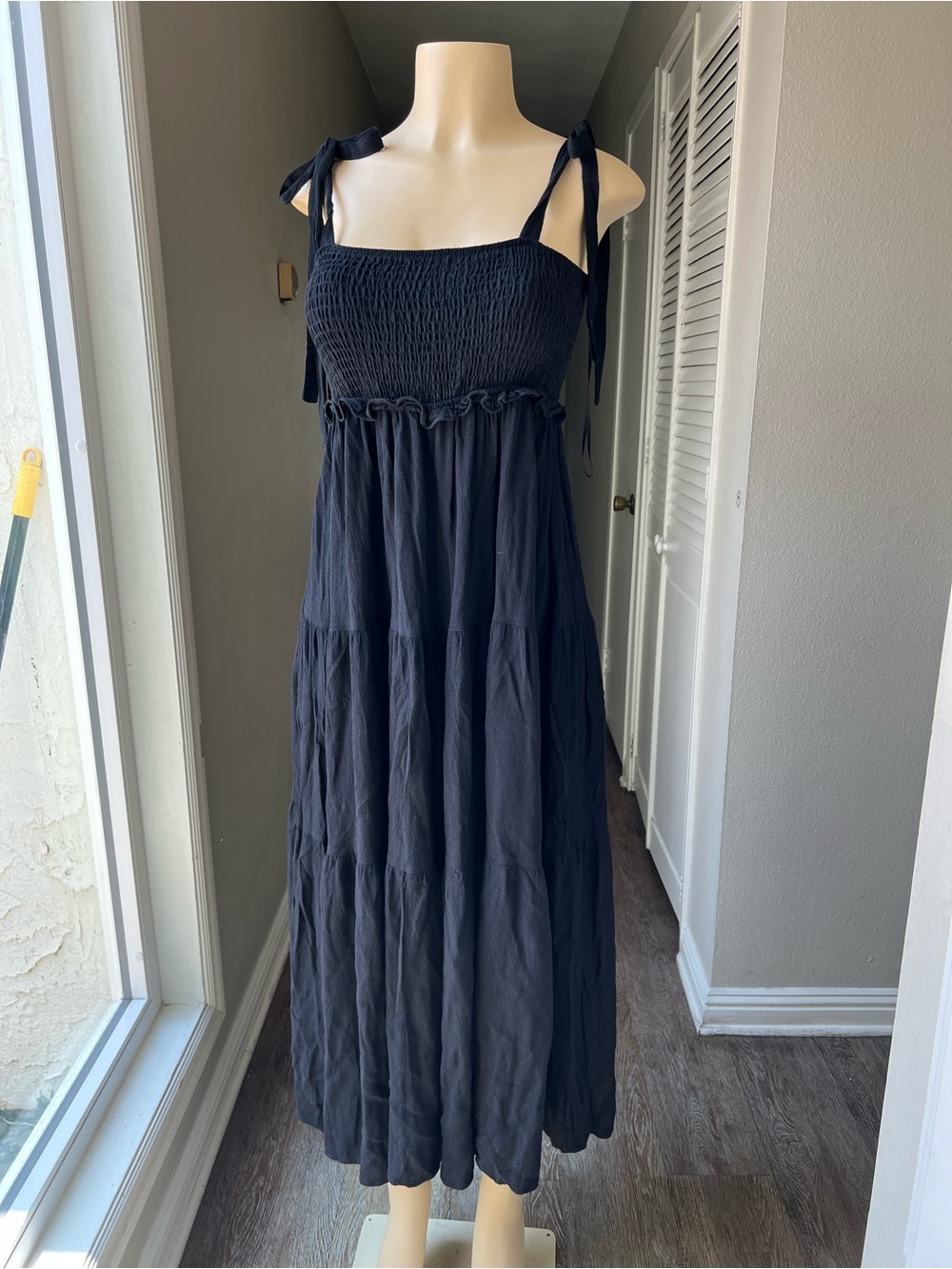 Zara Black Smocked Tie-Shoulder Maxi Dress